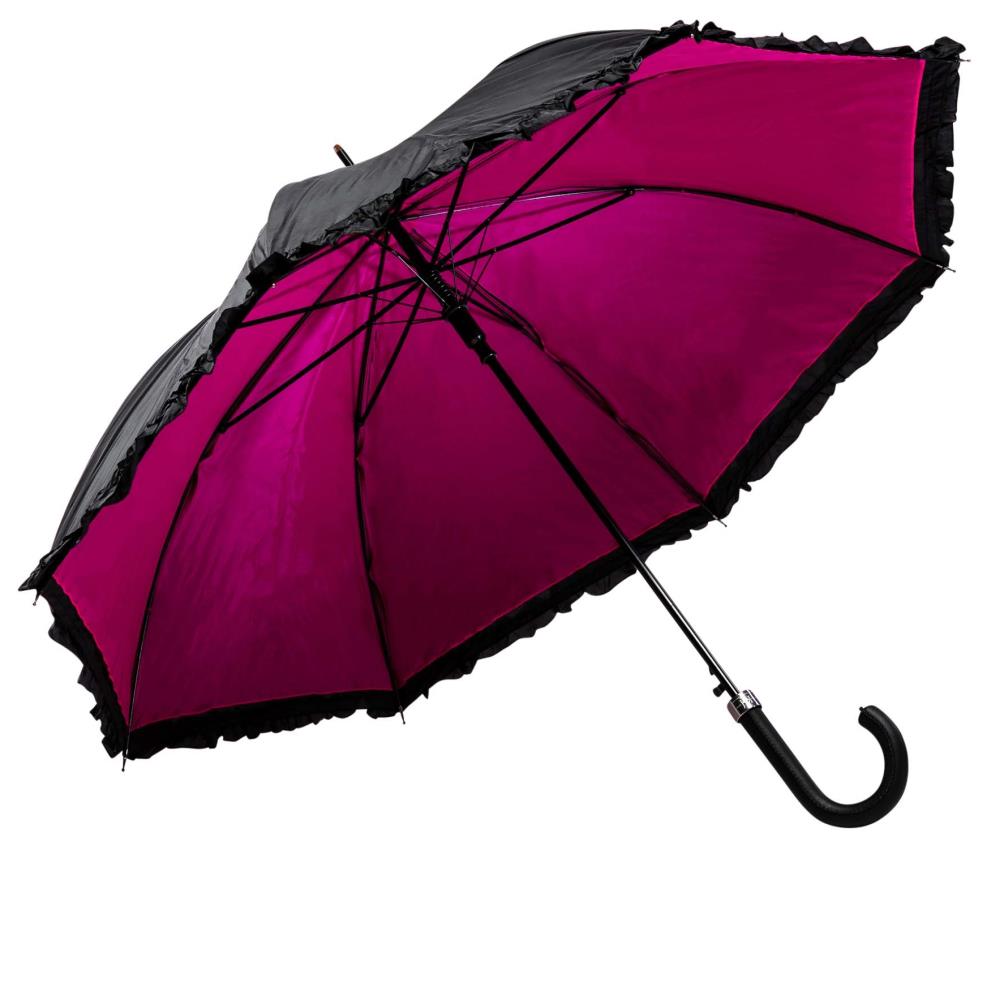 LUCKYWEATHER Regenschirm Stockschirm Damen Rüschenschirm schwarz/pink Auf-Automatik Double Layer
