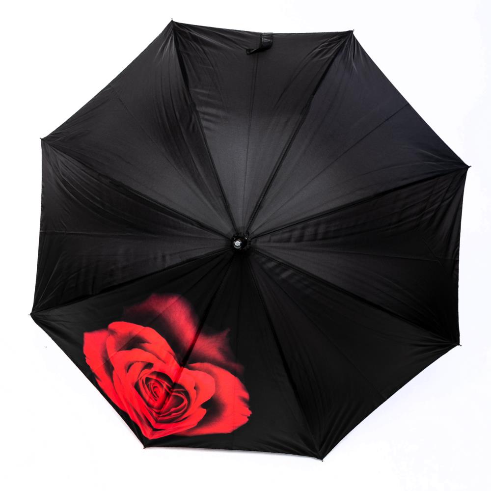 LUCKYWEATHER Regenschirm Stockschirm Damen Motiv Red Rose on Black Holzstock