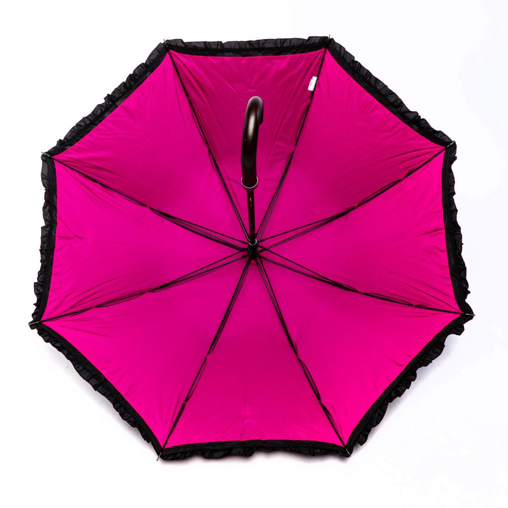 LUCKYWEATHER Regenschirm Stockschirm Damen Rüschenschirm schwarz/pink Holzstock Double Layer