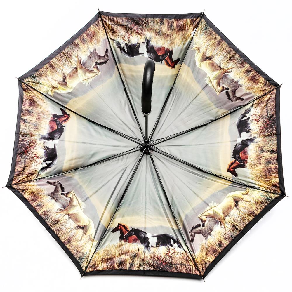 LUCKYWEATHER Regenschirm Stockschirm Damen Motiv Pferde Auf-Automatik Double Layer