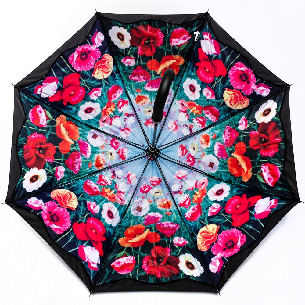 LUCKYWEATHER Regenschirm Stockschirm Damen Motiv Mohnblumen Auf-Automatik Double Layer
