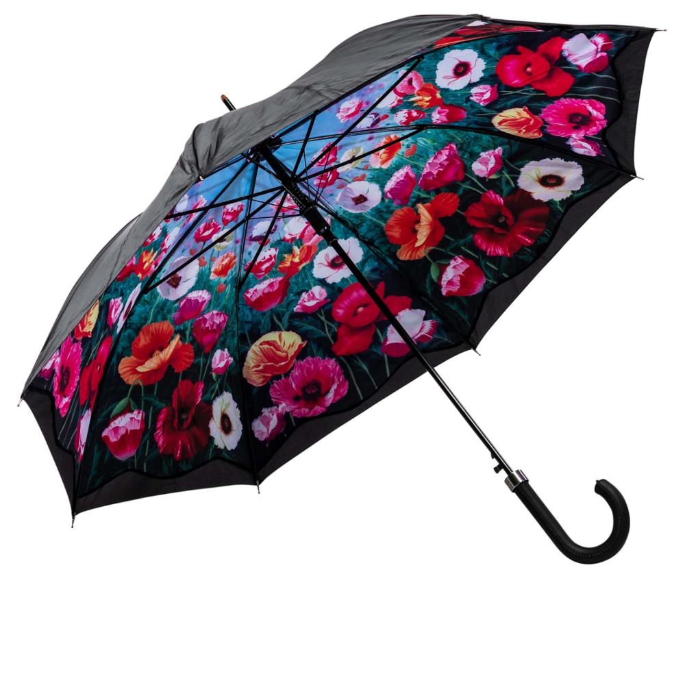 LUCKYWEATHER Regenschirm Stockschirm Damen Motiv Mohnblumen Auf-Automatik Double Layer