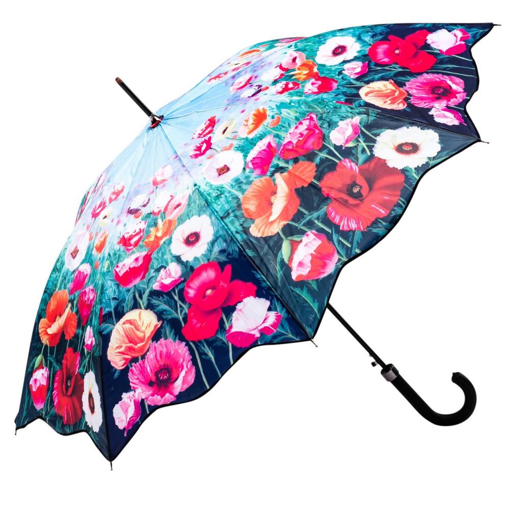 LUCKYWEATHER Regenschirm Stockschirm Damen Motiv Mohnblumen Auf-Automatik
