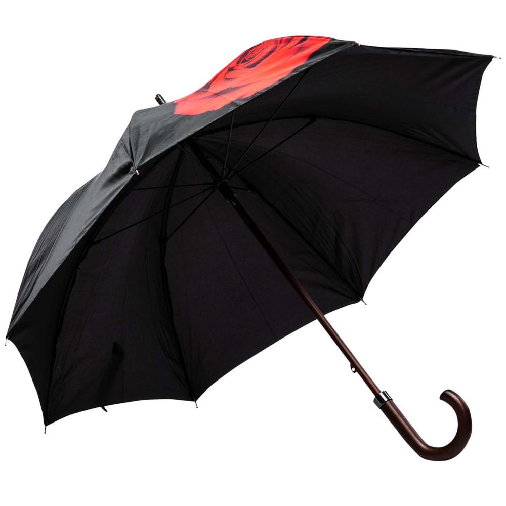 LUCKYWEATHER Regenschirm Stockschirm Damen Motiv Red Rose on Black Holzstock