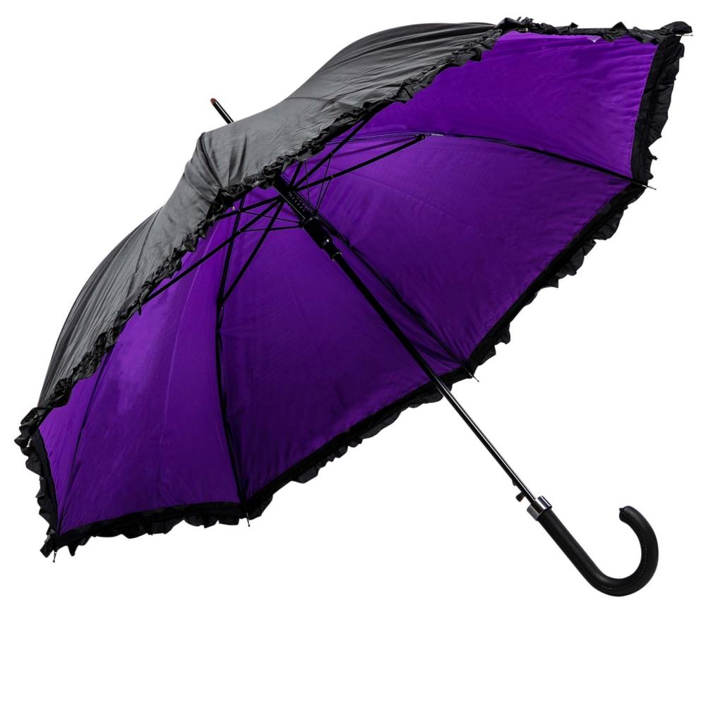 LUCKYWEATHER Regenschirm Stockschirm Damen Rüschenschirm schwarz/violett Auf-Automatik Double Layer