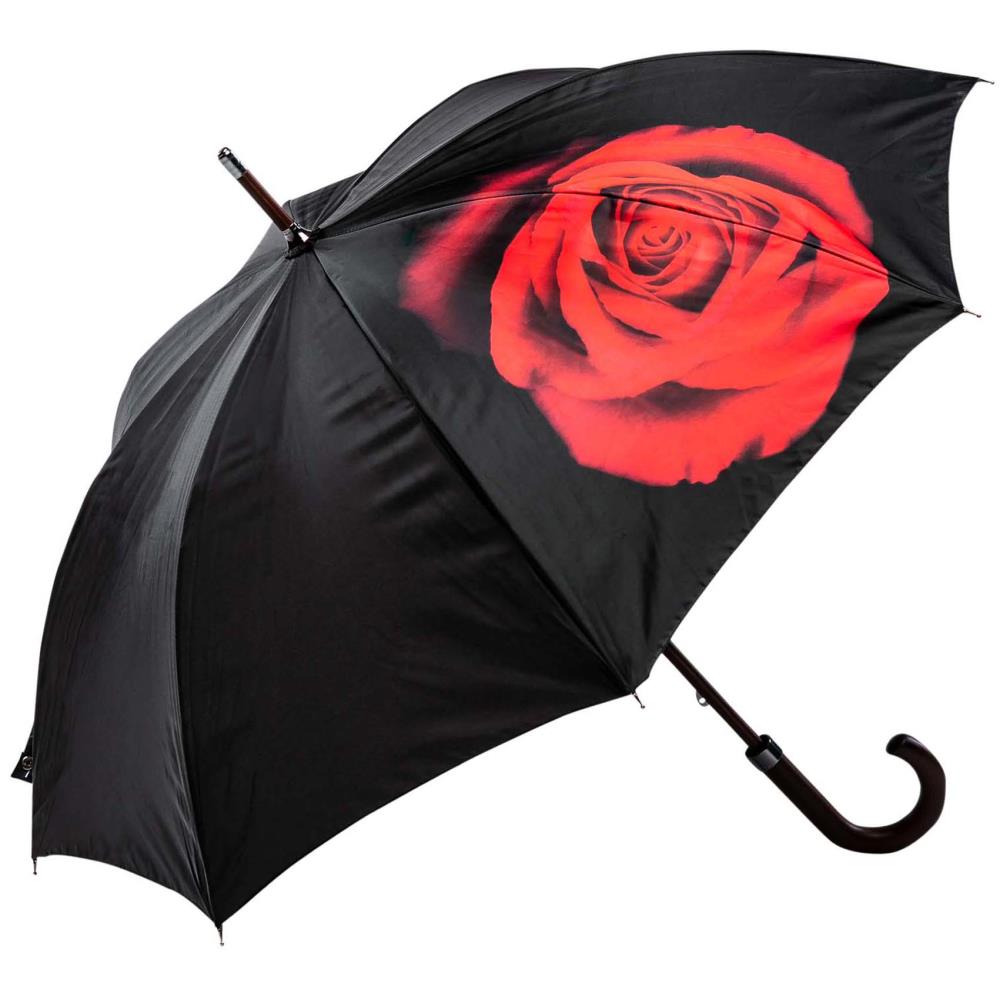LUCKYWEATHER Regenschirm Stockschirm Damen Motiv Red Rose on Black Holzstock